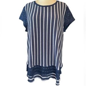 Weekend Suzanne Betro tunic blouse short lace sleeves stripes Size XL NWT